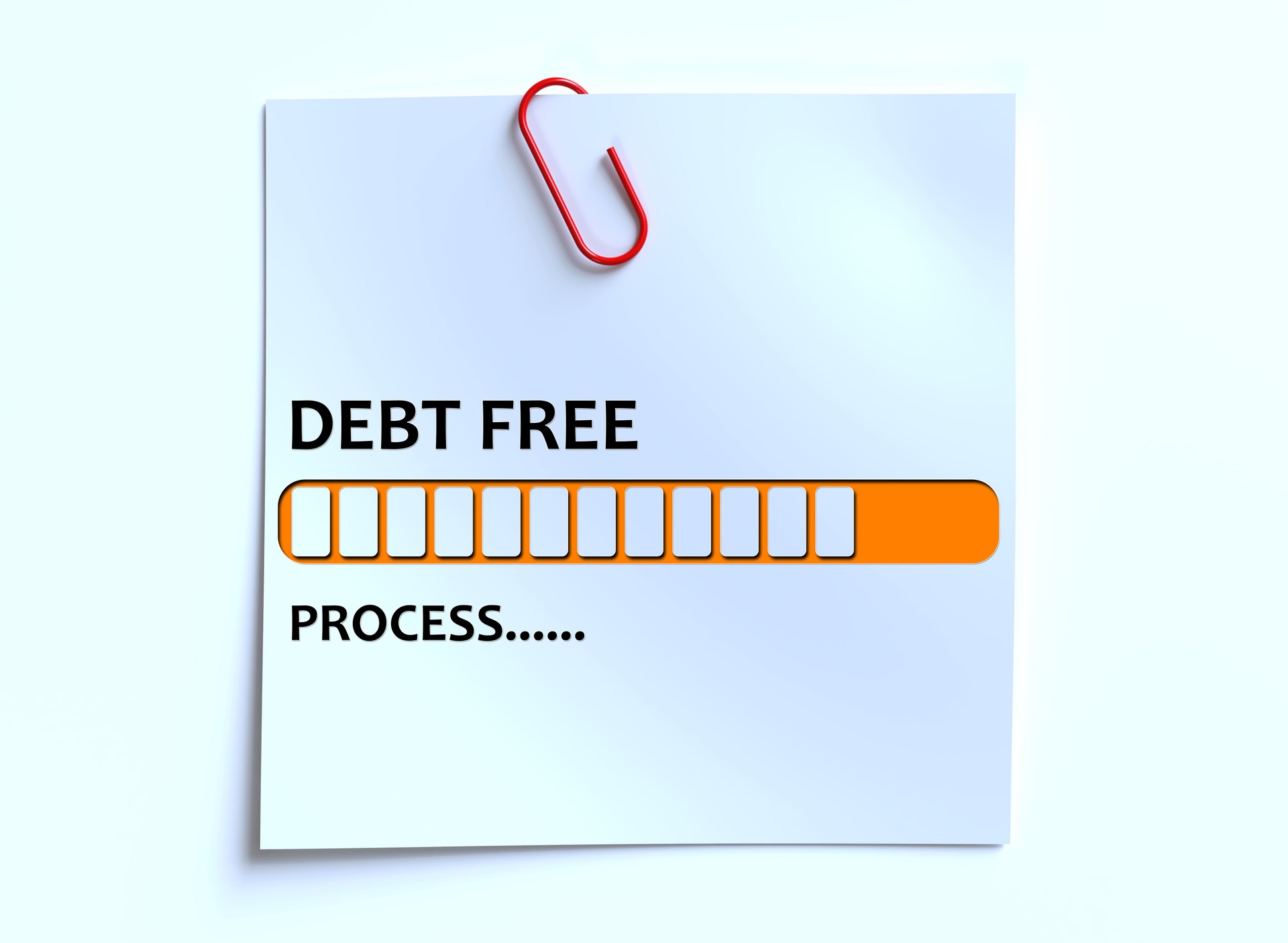The words debt free in process are standing next to the loading bar, ending credit payments and bank loans, financial freedom.3d render